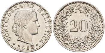 ШВЕЙЦАРИЯ 20 РАППЕНОВ 1912 В KM 29 никель 55-625