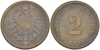 ГЕРМАНИЯ 2 ПФЕННИГА 1875 D, СТАРОГЕРБОВКА KM 2, J. 2, Weege 3 медь 212-556