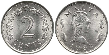 Мальта 2 цента 1982 Пентесилея, царица амазонок KM 9 медь цинк aUNC 112-765