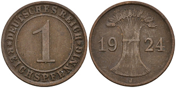 Германия 1 рейхспфенниг 1924 J KM 37, J. 313 бронза 4516-332