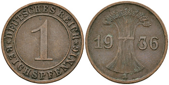 Германия 1 рейхспфенниг 1936 A KM 37, J. 313 бронза 4528-869