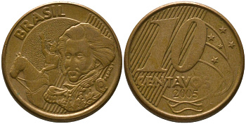 Бразилия 10 сентаво 2005 KM 649, Schon 157 сталь плакированная бронзой 4523-745
