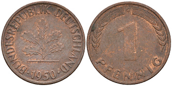 ФРГ 1 пфенниг 1950 G KM 105, J. 380 сталь плакированная медью    4115-112