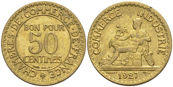 ФРАНЦИЯ 50 САНТИМОВ 1927 ТИП CHAMBRERES DE COMMERCE KM 884, LE FRANC 191.10 алюминиевая бронза 44-353