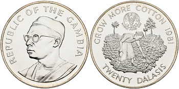 Гамбия 20 даласи 1981 ФАО, всемирный день продовольствия, тираж 10000 экз. KM 20 серебро UNC 1098-1-64
