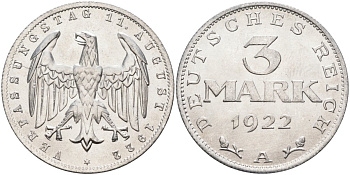 Германия 3 марки 1922 A, третья годовщина Веймарской Конституции KM 29, J.303 алюминий UNC 4587-323