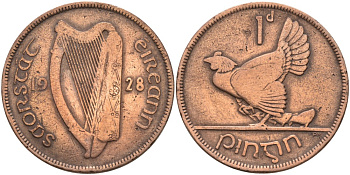 Ирландия 1 пенни 1928 курица с цыплятами KM 3 бронза 189-1246