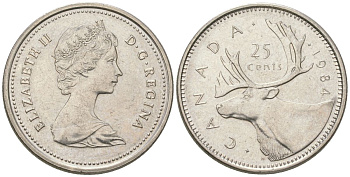 Канада 25 центов 1984 Елизавета II (1952-2022), олень KM 74 никель aUNC 4616-757