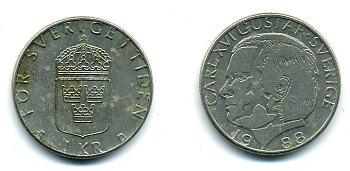 Швеция 1 крона 1988 Карл XVI Густав (1973- ) KM 852a медно-никель 37-913