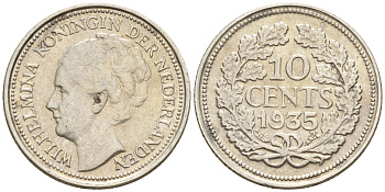 Нидерланды 10 центов 1935 Вильгельмина I (1890-1948) КМ 163 серебро  4160-1234