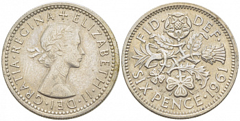 Великобритания 6 пенсов 1961 Елизавета II (1952-2022) KM 903, Spink 4149 медно-никель 3718-257