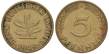 ФРГ 5 пфеннигов 1949 D KM 102 сталь плакированная бронзой 4174-469