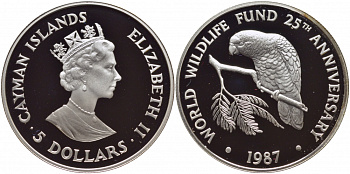 Каймановы острова 5 долларов 1987 серия 25 лет защиты окружающей среды, попугай, Cuban Amzon KM 95 серебро PROOF 00-000-00