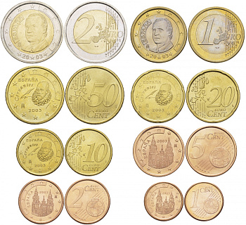 Испания полный евронабор из 8 монет 2003 1, 2, 5, 10, 20, 50 евроцентов, 1 и 2 евро KM 1040, 1041, 1042, 1070, 1071, 1072, 1073, 1074 N6-05
