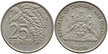 Тринидад и Тобаго 25 центов 1978 цветок дикая пуансеттия KM 32 медно-никель 4396-739