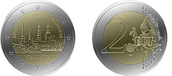 Латвия 2 евро 2014 Рига, культурная столица европы KM 158 биметалл UNC M19-21