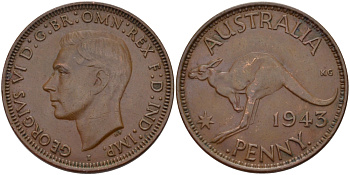 Австралия 1 пенни 1943 b, Георг VI (1936-1952), кенгуру, с буквой I KM 36 бронза 82-743