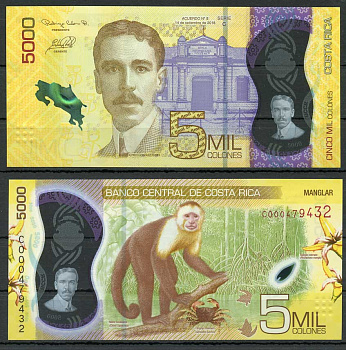 Коста-Рика 5000 колонов 2018 Альфредо Гонсалес Флорес, обезьяна Pick 282 пластик UNC (пресс) 8615-33-3-2