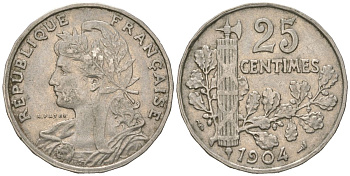 Франция 25 сантимов 1904 KM 856 никель 113-635