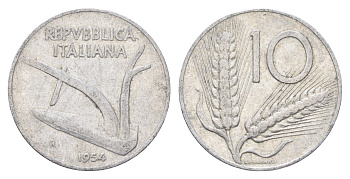Италия 10 лир 1954 R, плуг, колосья KM 93 алюминий 4704-531