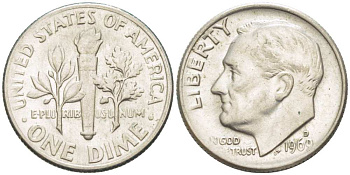 США 10 ЦЕНТОВ = 1 ДАЙМ 1969 D, РУЗВЕЛЬТ KM 195а медь плакированная медно-никелем 217-1057