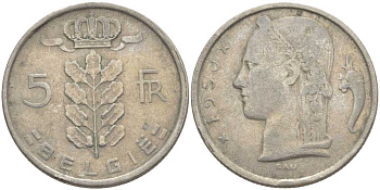 БЕЛЬГИЯ 5 ФРАНКОВ 1950 BELGIE, ЛЕОПОЛЬД III (1934-1950) KM 135.1 медно-никель 119-757