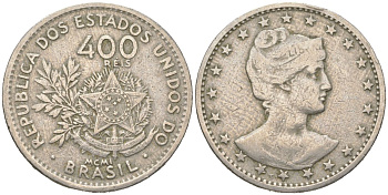 Бразилия 400 реалов 1901 MCMI, голова свободы вправо KM 505 медно-никель 4612-426