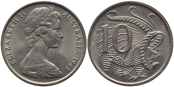 Австралия 10 центов 1968 Елизавета II (1952-), птица лирахвост KM 65 медно-никель 3334-715