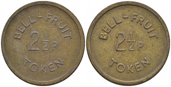 АНГЛИЯ 2 1/2 НОВЫХ ПЕНСОВ = 6 ПЕНСОВ ND ИГРОВОЙ ЖЕТОН, ТОКЕН BELL-FRUIT желтый металл 4949-546