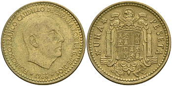 Испания 1 песета 1966 (74) Франсиско Франко (1939-1975) KM 796 алюминиевая бронза 4364-3621