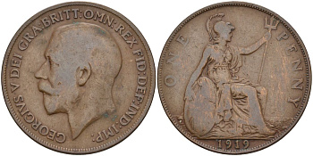 Великобритания 1 пенни 1919 Георг V (1910-1936) KM 810, Spink 4051 бронза 4149-723