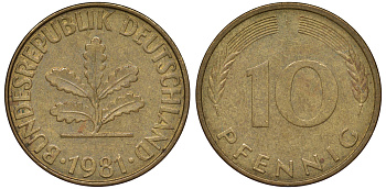 ФРГ 10 пфеннигов 1981 F KM 108, J. 383 сталь плакированная латунью 62-1037