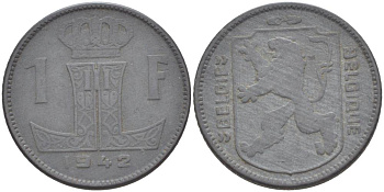 БЕЛЬГИЯ 1 ФРАНК 1942 BELGIE-BELGIQUE KM 128 цинк 4546-234