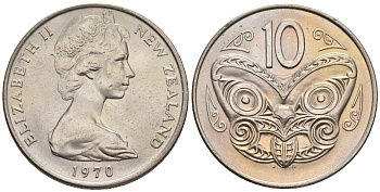 Новая Зеландия 10 центов 1970 Елизавета II (1952-2022), маска маори KM 41.1 медно-никель  UNC  4182-753