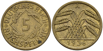Германия 5 рейхспфеннигов 1936 A KM 39, J. 316 алюминиевая бронза 4151-733