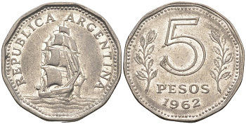 Аргентина 5 песо 1962 фрегат "Президент Сармьенто" KM 59 сталь плакированная никелем 219-1234
