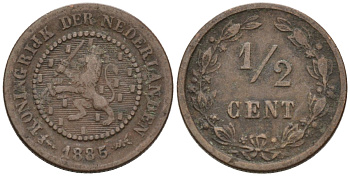 Нидерланды 1/2 цента 1885 Виллем III (1849-1890) KM 109 бронза 4576-265