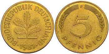 ФРГ 5 пфеннигов 1981 F J.382, KM 107 сталь плакированная латунью    4598-1027
