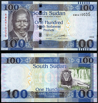 Южный Судан 100 фунтов 2019 Джон Гаранг, лев, водопад Pick 15 a  бумага  UNC (пресс) 448-119-1