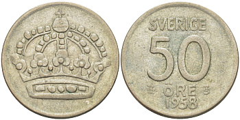 Швеция 50 эре 1958 TS, Густав VI Адольф (1950-1973), проба 400, вес 4,8 гр. KM 825 серебро 80-242