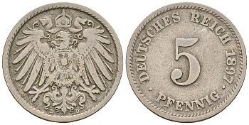 Германия 5 пфеннигов 1897 D, KM 11, J. 12 медно-никель 220-639