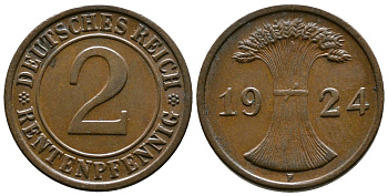 ГЕРМАНИЯ 2 РЕНТЕНПФЕННИГА 1924 F KM 31, J.307 бронза 86-1352