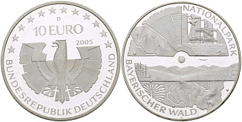 ФРГ 10 евро 2005 D, национальный парк, баварский лес KM 241, DE.S. 10.19 серебро PROOF 413-2033