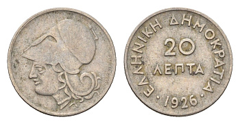 Греция 20 лепт 1926 Афина в коринфском шлеме, год-тип KM 67 медно-никель 4668-1243