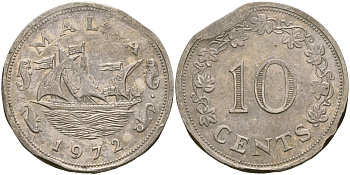 Мальта 10 центов 1972 баржа Великого магистра KM 11 медно-никель 4137-821