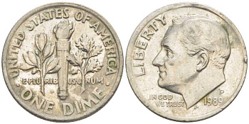 США 10 ЦЕНТОВ = 1 ДАЙМ 1989 Р, РУЗВЕЛЬТ KM 195а медь плакированная медно-никелем 211-1142