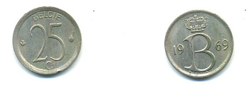 Бельгия 25 сантимов 1969 Belgie, Бодуэн I (1951-1993) KM 154.1 медно-никель UNC 80-926