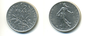 Франция 1/2 франка 1965 сеятель KM 931, Le Franc 198.3 никель 89-312