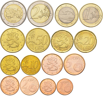 ФИНЛЯНДИЯ ЕВРОНАБОР ИЗ 8 МОНЕТ 2012 1, 2, 5, 10, 20, 50 ЕВРОЦЕНТОВ, 1 И 2 ЕВРО UNC 68-1011
