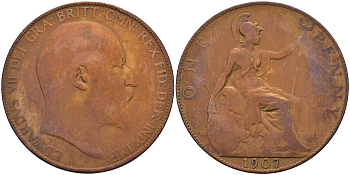 Великобритания 1 пенни 1907 Эдуард VII (1901-1910) KM 794.2, Spink 3990 бронза 4593-135